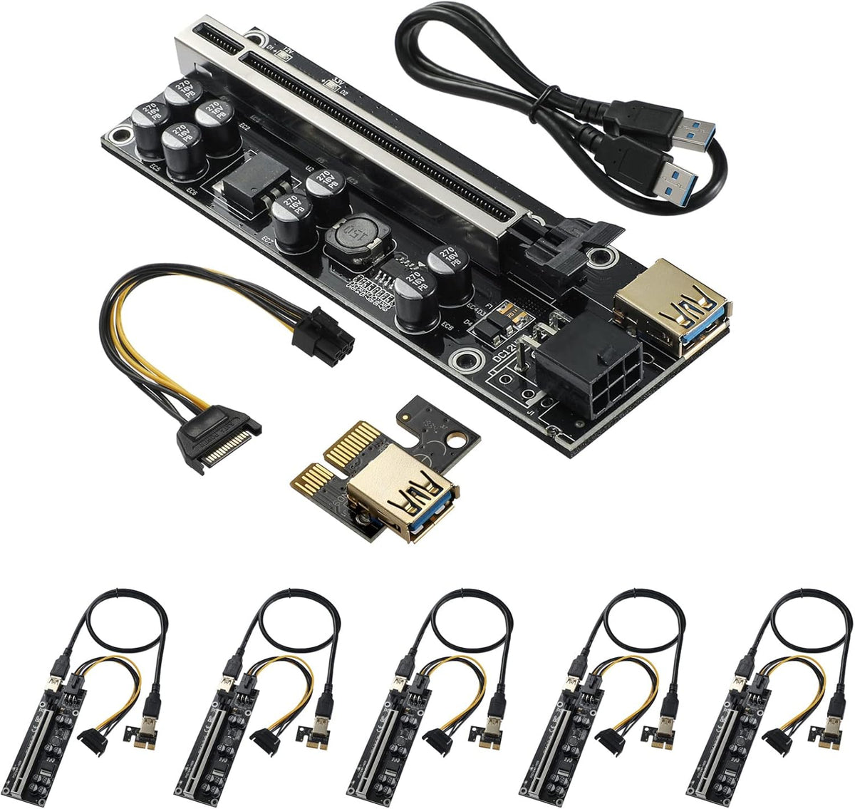 PCIE Riser with 6PIN SATA Power Cable and 60cm USB 3.0 Cable, 6 Pack J1848