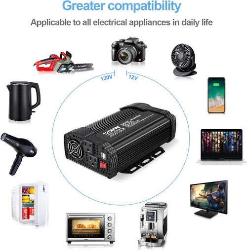 1200Watt Power Inverter 12V DC to 110V AC with Dual AC Outlets Dual 2.1A USB Ports J400865