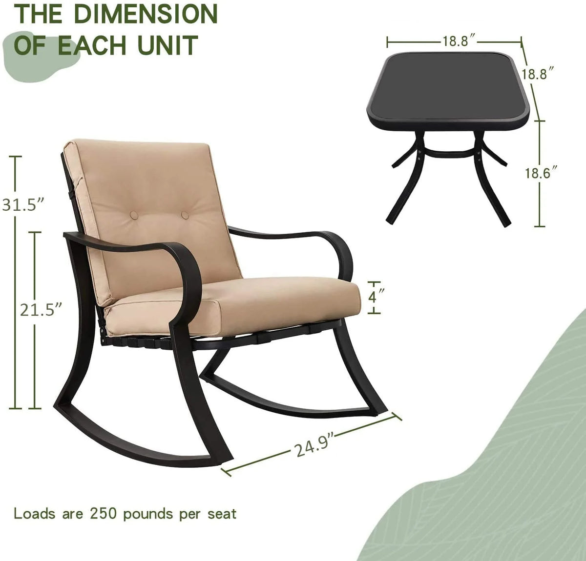 3-Piece Black Steel Outdoor Rocking Chairs Bistro Set with Cushion P749