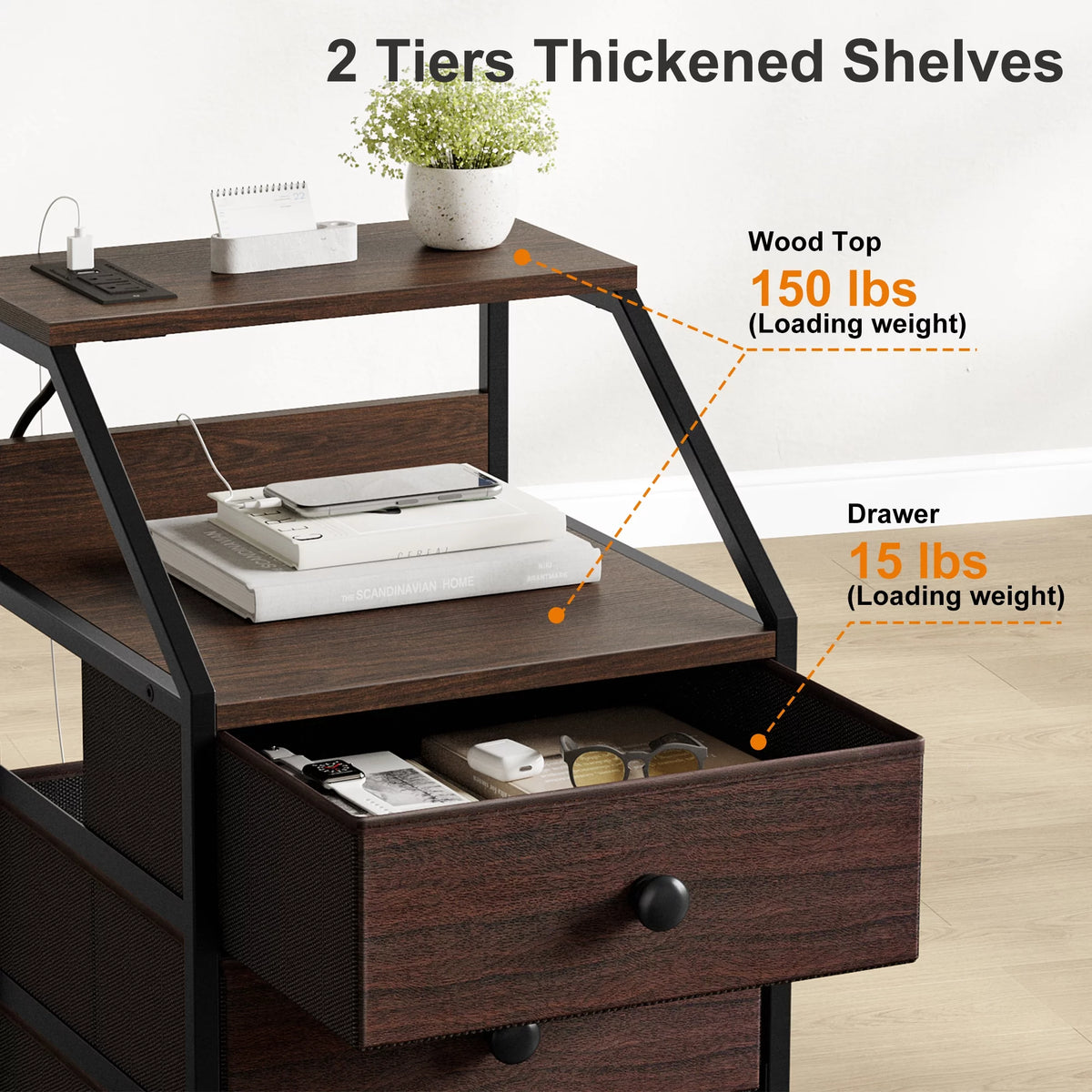 Rustic Brown Nightstand with Charging Station Set of 2 S997848