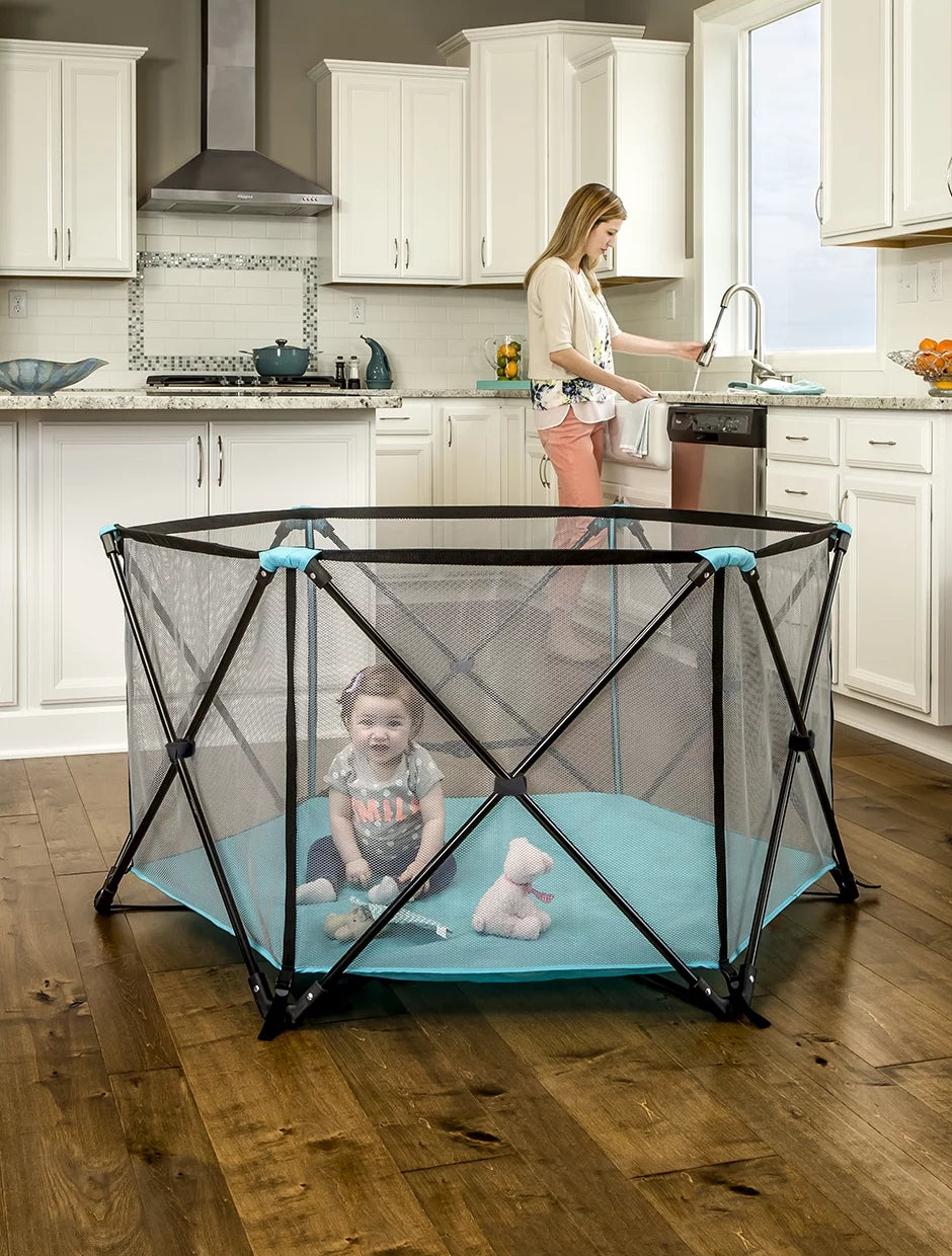 Portable Play Yard, Washable, Aqua, 6-Panel X4795