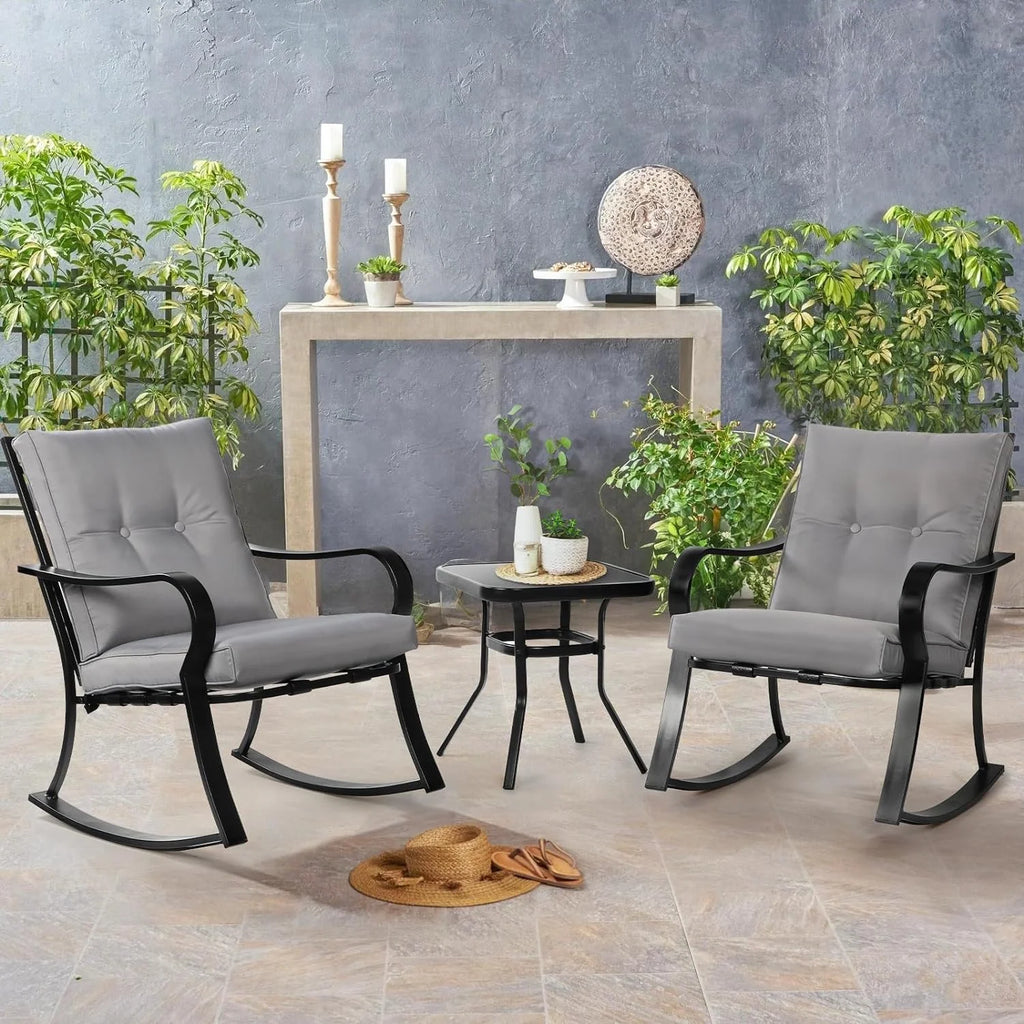 3-Piece Black Steel Outdoor Rocking Chairs Bistro Set with Cushion P749