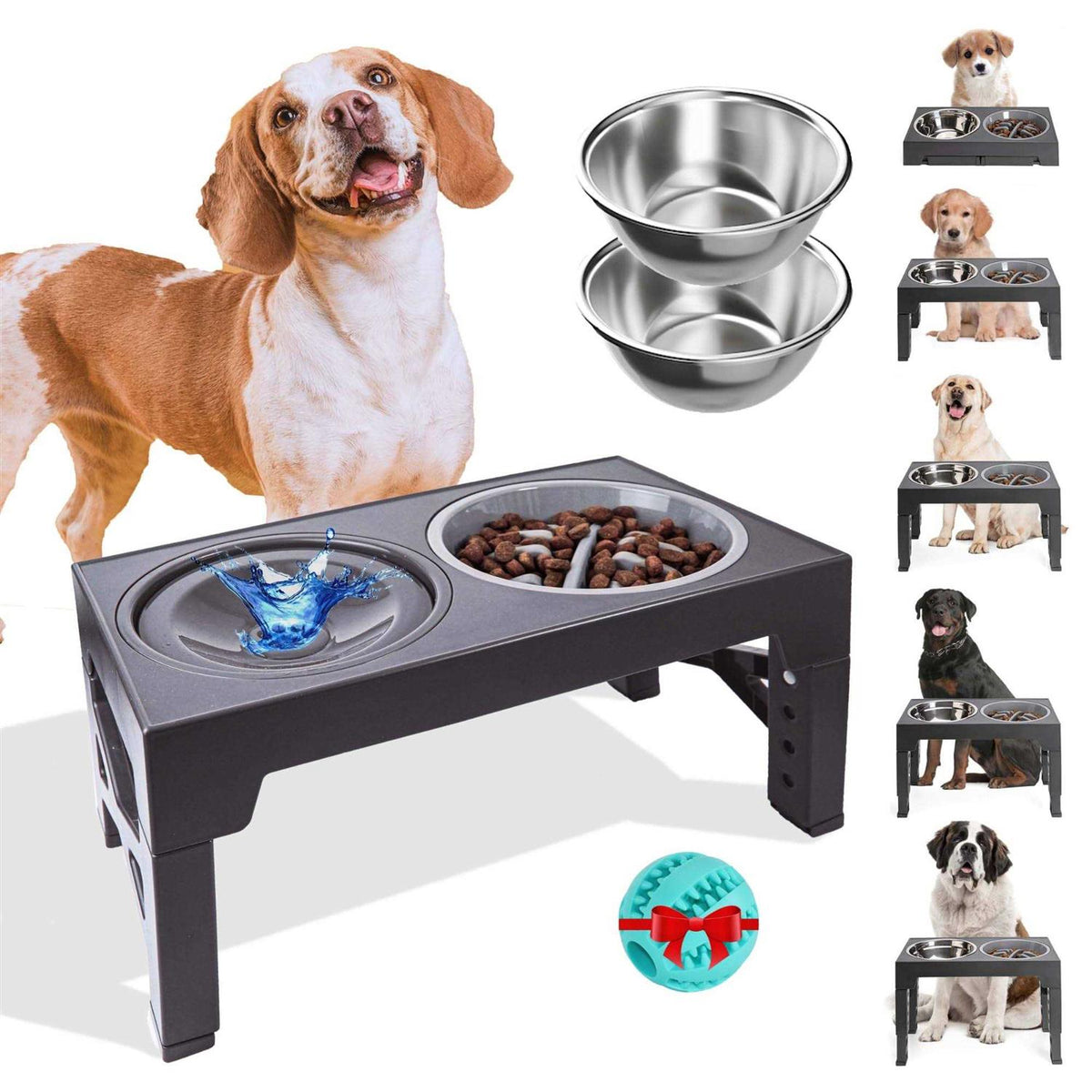 Elevated Slow Feeder Dog Bowls Set with 5 Adjustable Heights K278