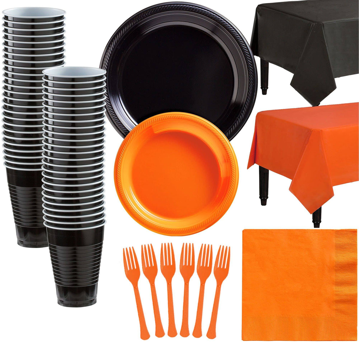 Black and Orange Plastic Tableware Kit for 50 Guests, 487 Pieces B64053
