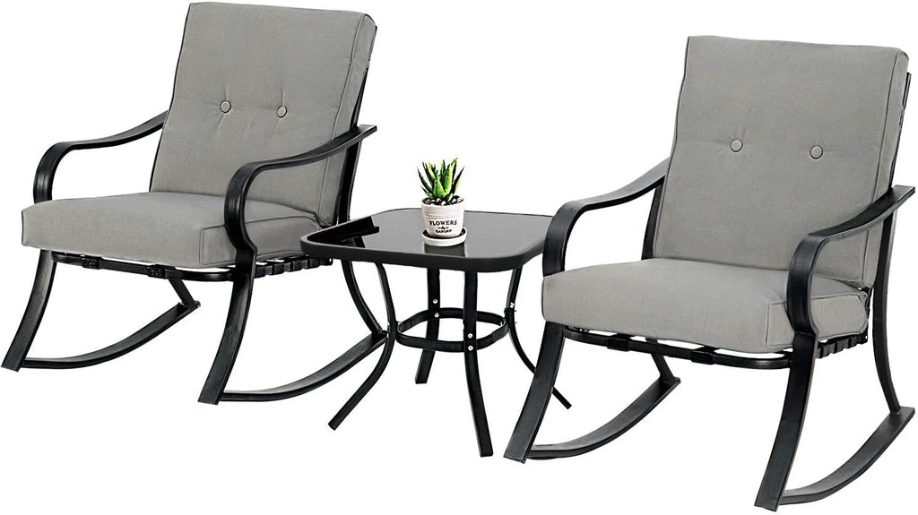 3-Piece Black Steel Outdoor Rocking Chairs Bistro Set with Cushion P749