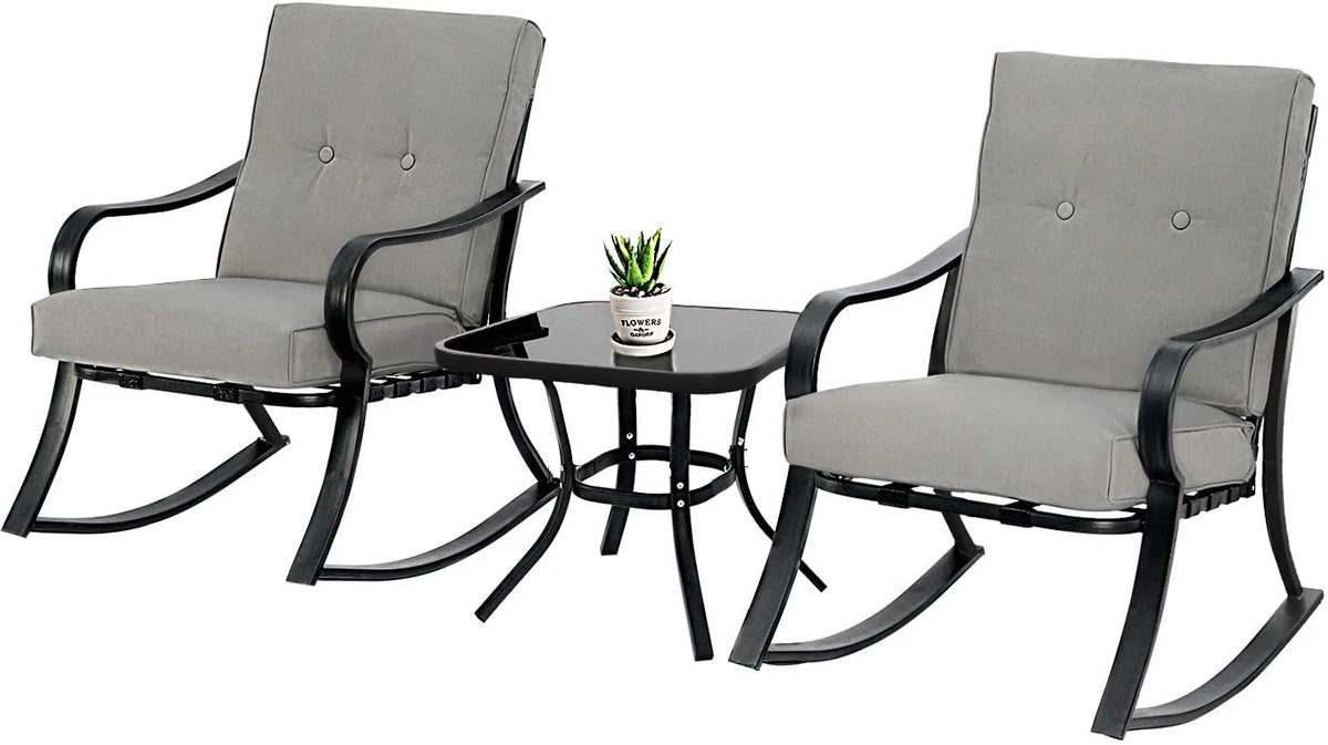 3-Piece Black Steel Outdoor Rocking Chairs Bistro Set with Cushion P749