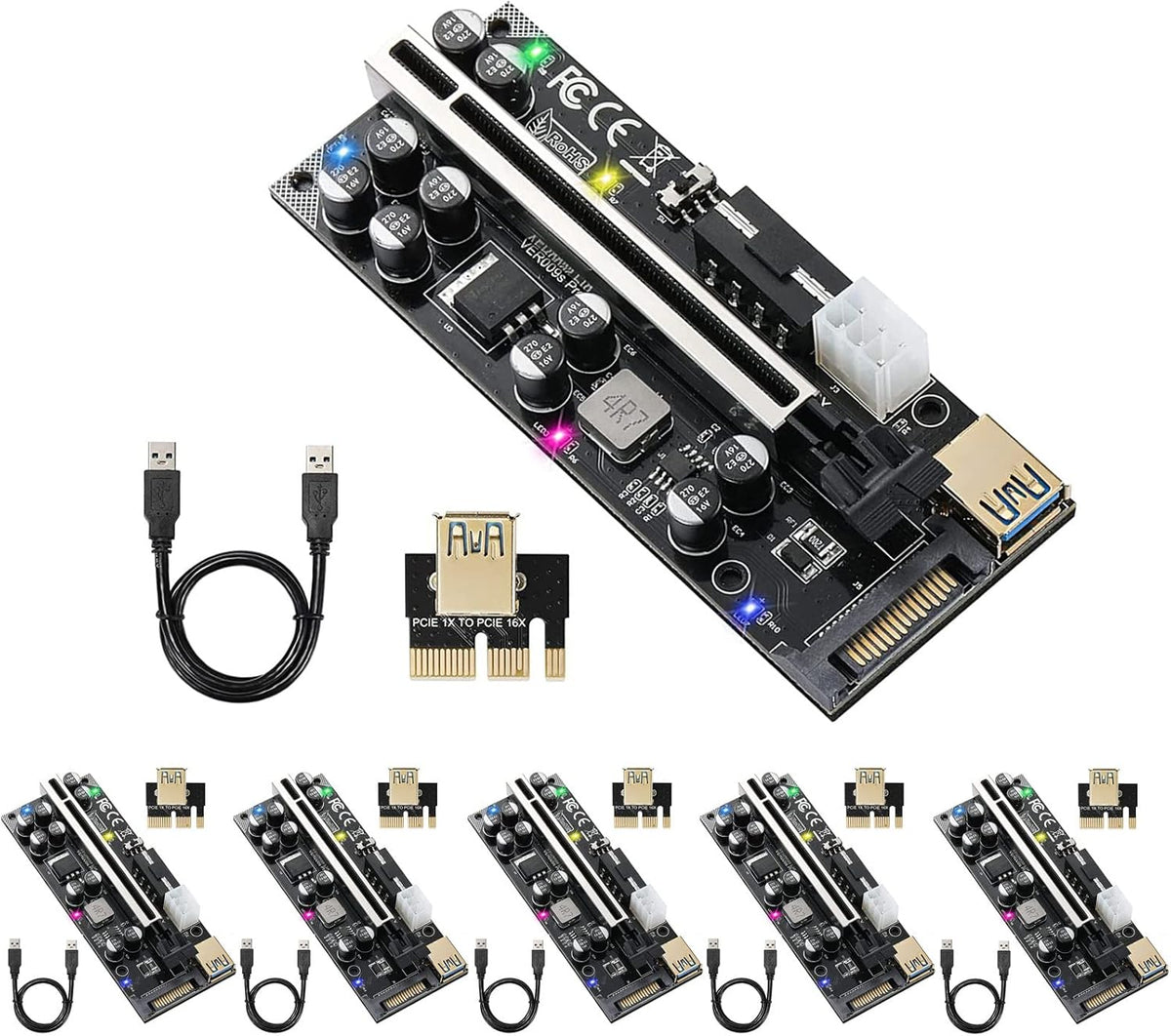 PCIE Riser with 6PIN SATA Power Cable and 60cm USB 3.0 Cable, 6 Pack J1848
