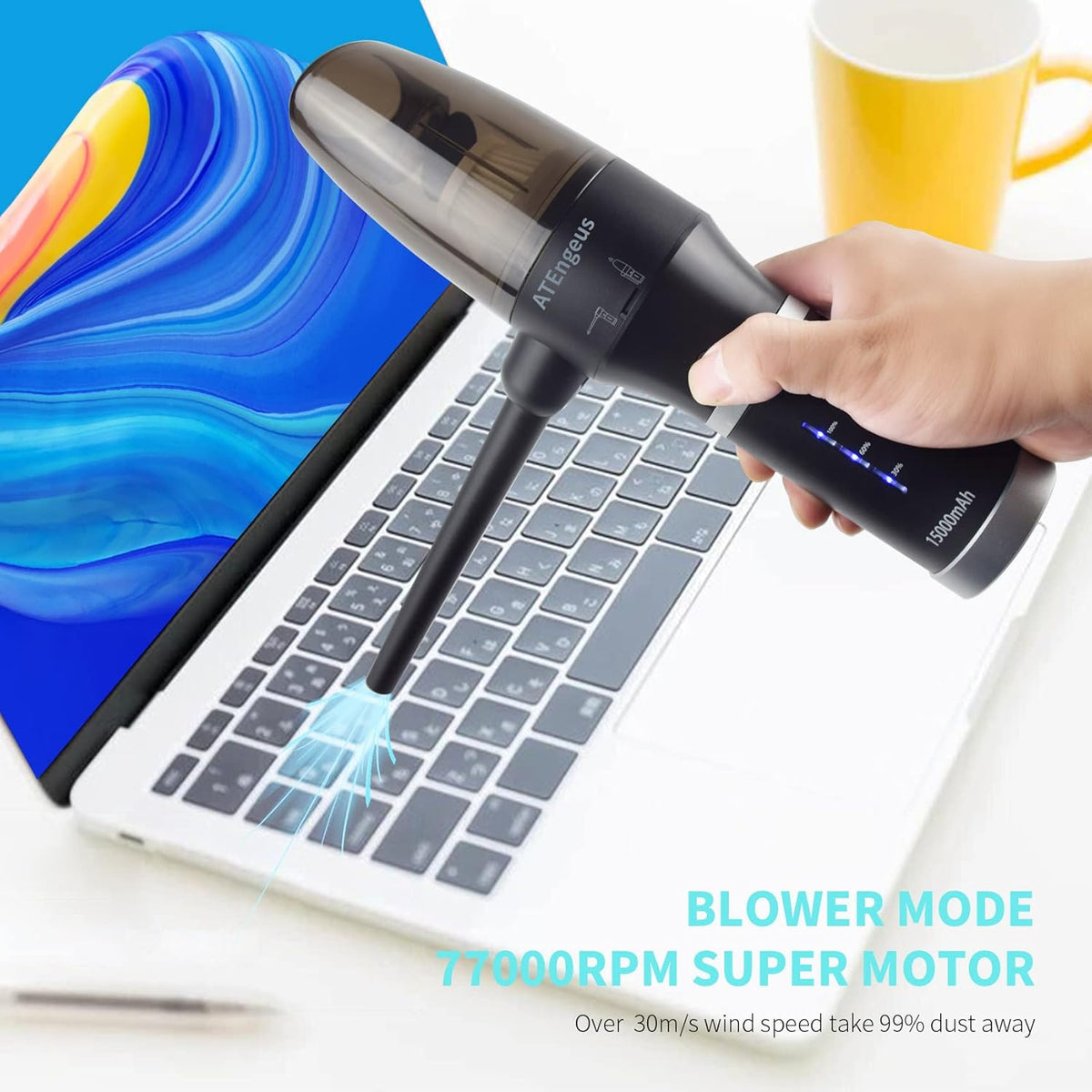 3 in1 Compressed Air Duster & Vacuum, 77000 RPM Cordless, 15000mAh, 2 Speeds, Detachable Battery V61800