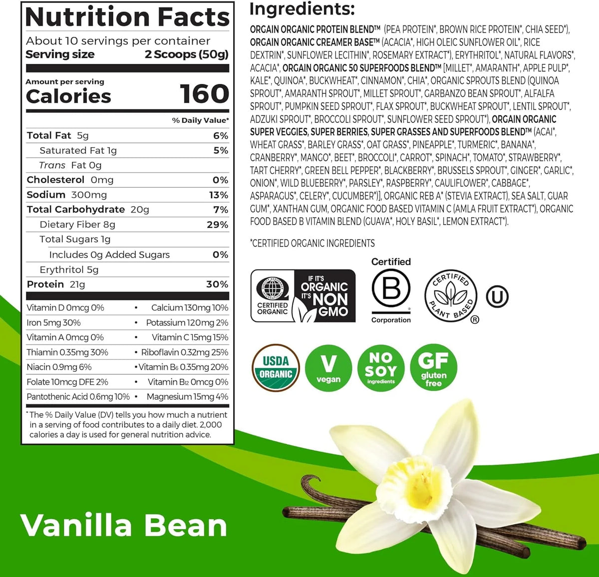 Organic Plant Based Protein Superfoods Powder Vanilla Bean F7898