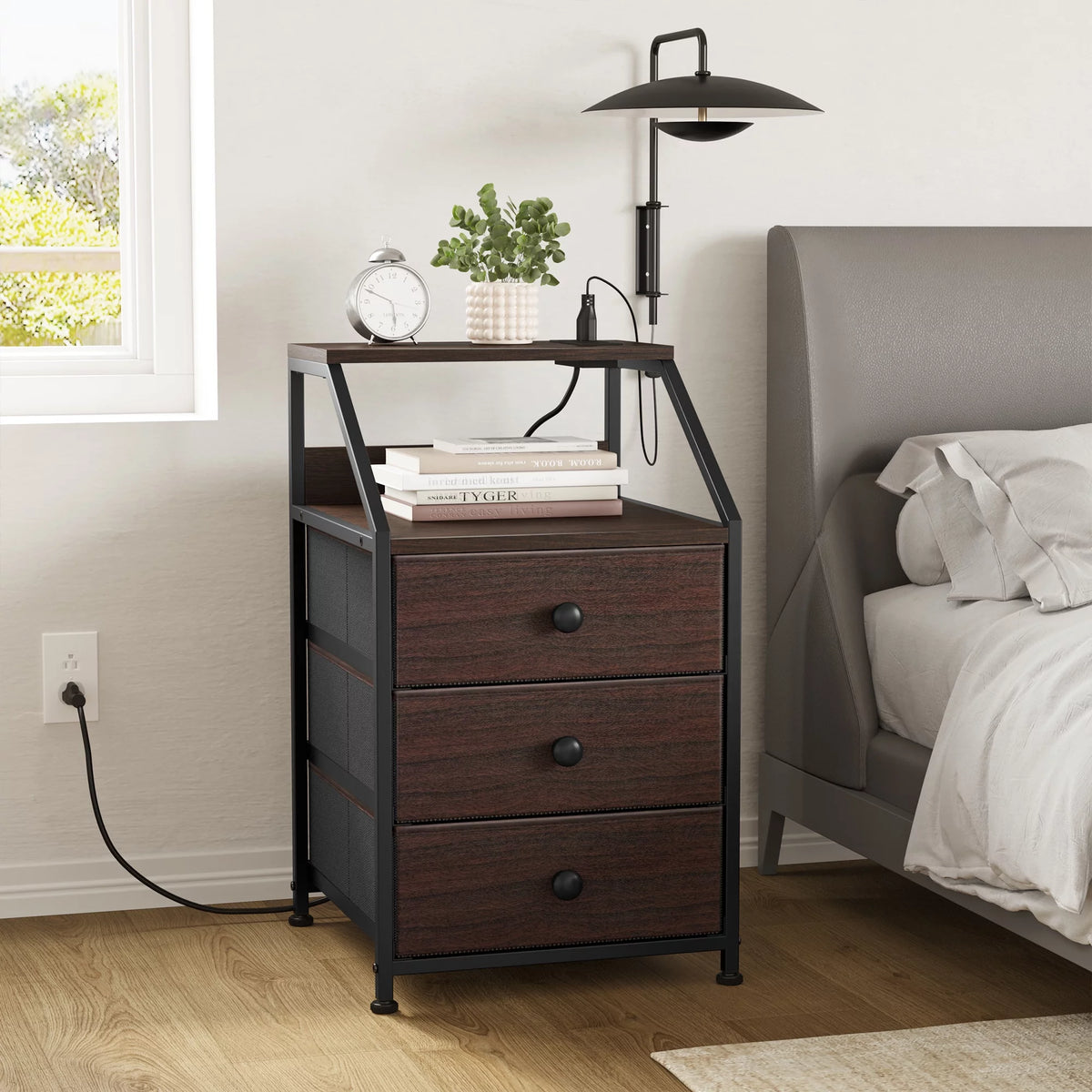 Rustic Brown Nightstand with Charging Station Set of 2 S997848
