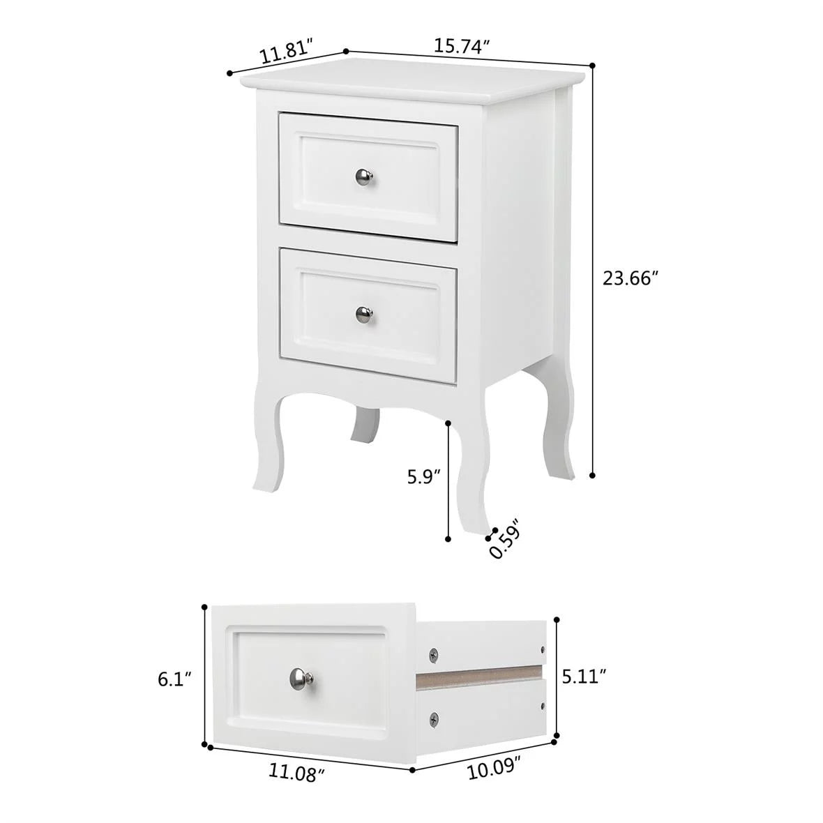 Nightstand End Table with 2 Drawer, White Finish I5185