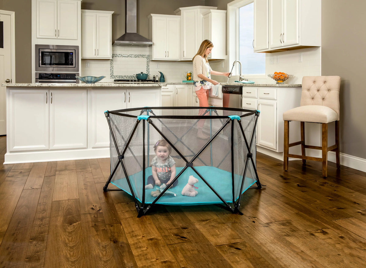 Portable Play Yard, Washable, Aqua, 6-Panel X4795