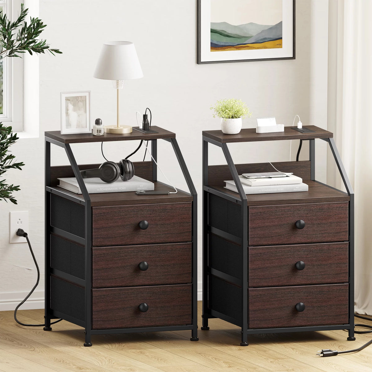 Rustic Brown Nightstand with Charging Station Set of 2 S997848