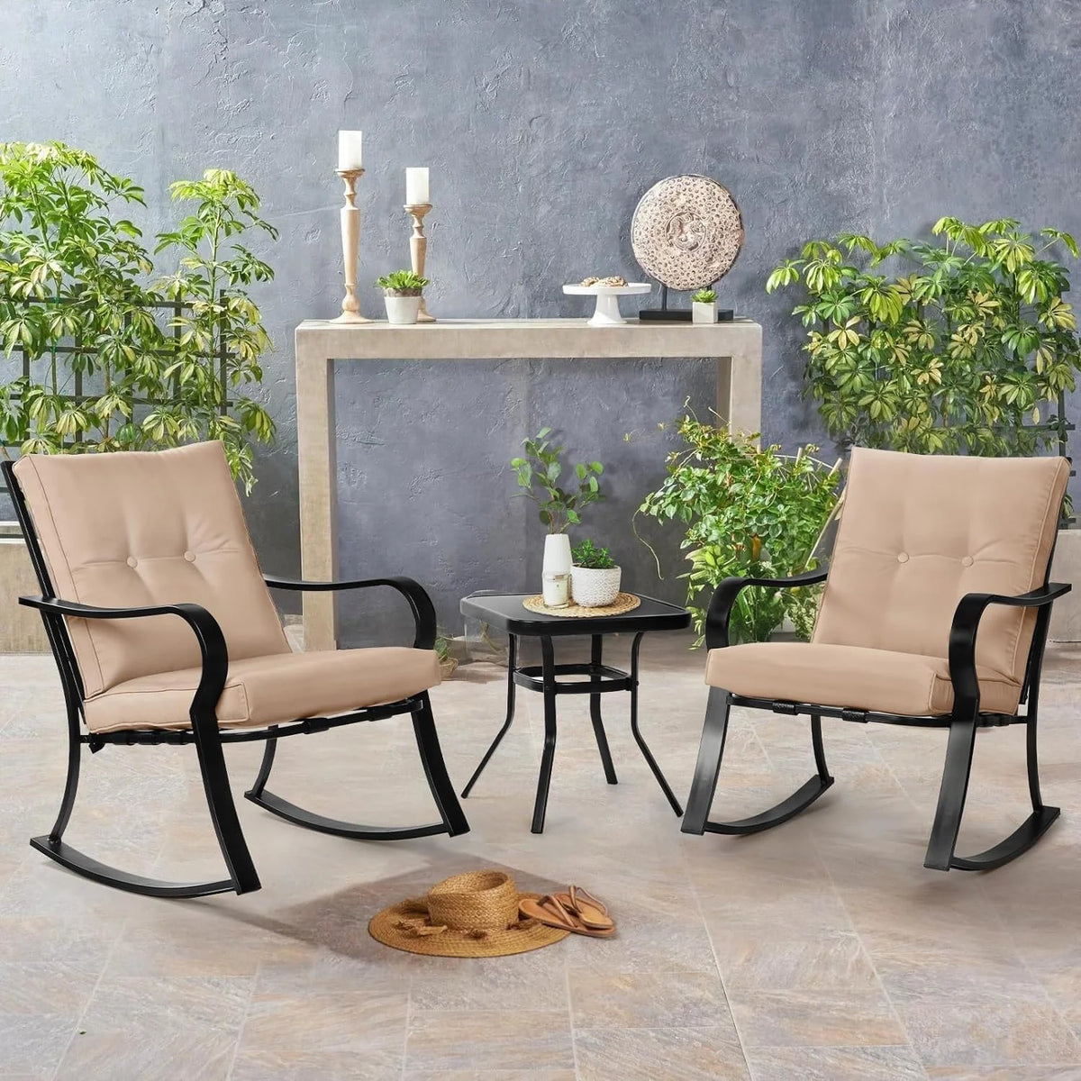 3-Piece Black Steel Outdoor Rocking Chairs Bistro Set with Cushion P749